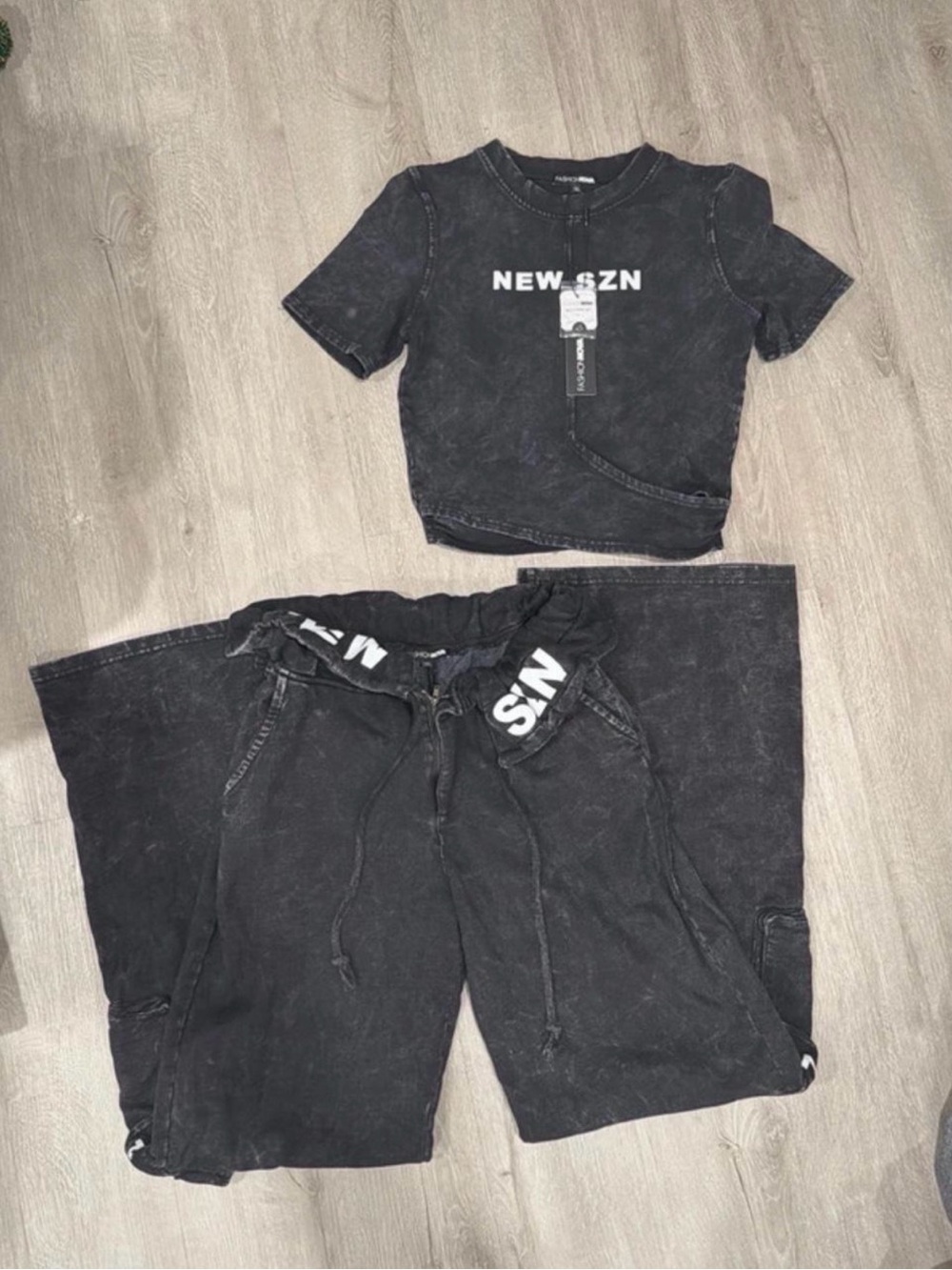 Fashion Nova Black Washed Sweatpant Set with NEW SZN Logo